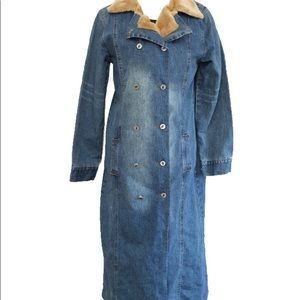 Long Denim Trench Jacket With Faux Fur Trim